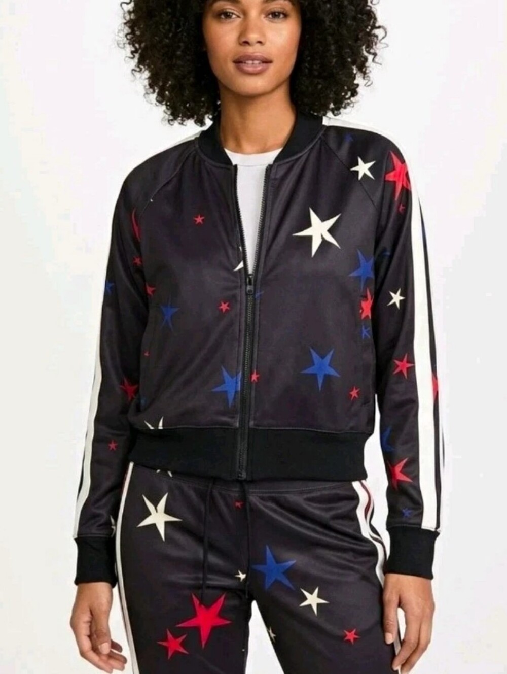 PAM & GELA Women’s Black Star Print Bomber Jacket Full Zip Pockets Size: XL